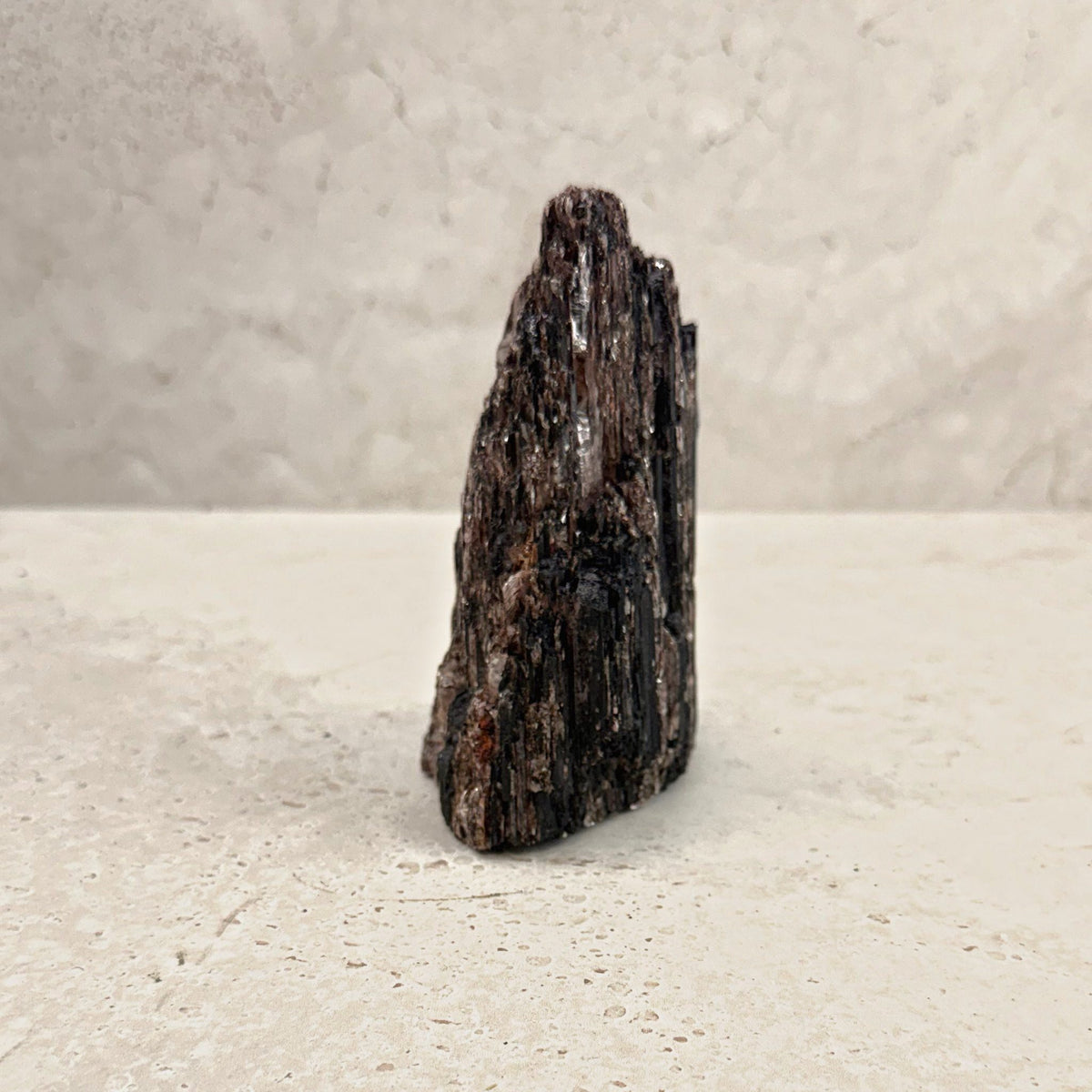 Rough black tourmaline crystal 12cm, bronze shimmer, side view — Eternal Spirit