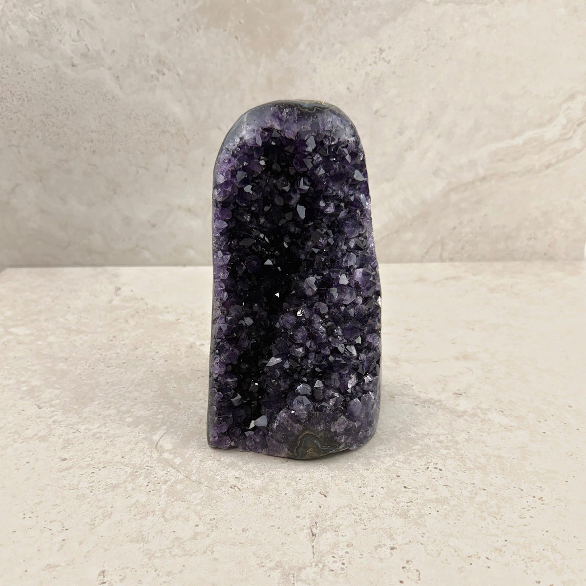 Base cut amethyst crystal 17.5cm, slim column of dark purple crystals, front view — Eternal Spirit