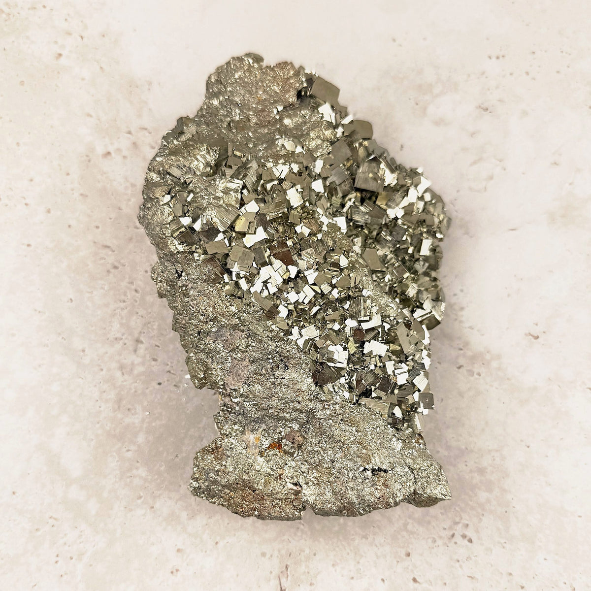 Cubic pyrite crystal cluster 19cm, bright metallic cubes with crisp edges, viewed from above — Eternal Spirit