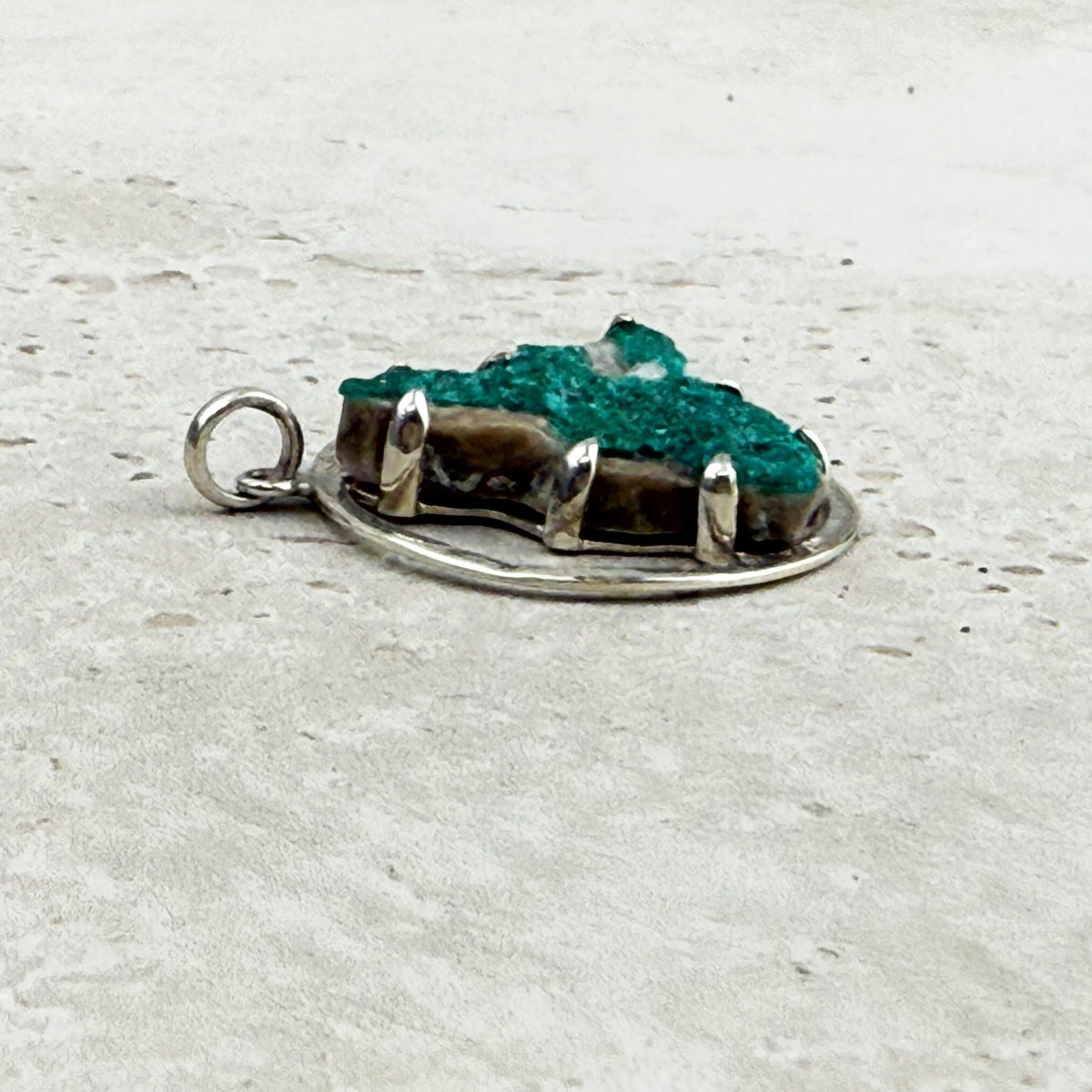 Dioptase Cluster Sterling Silver Pendant, alternate angle — Eternal Spirit