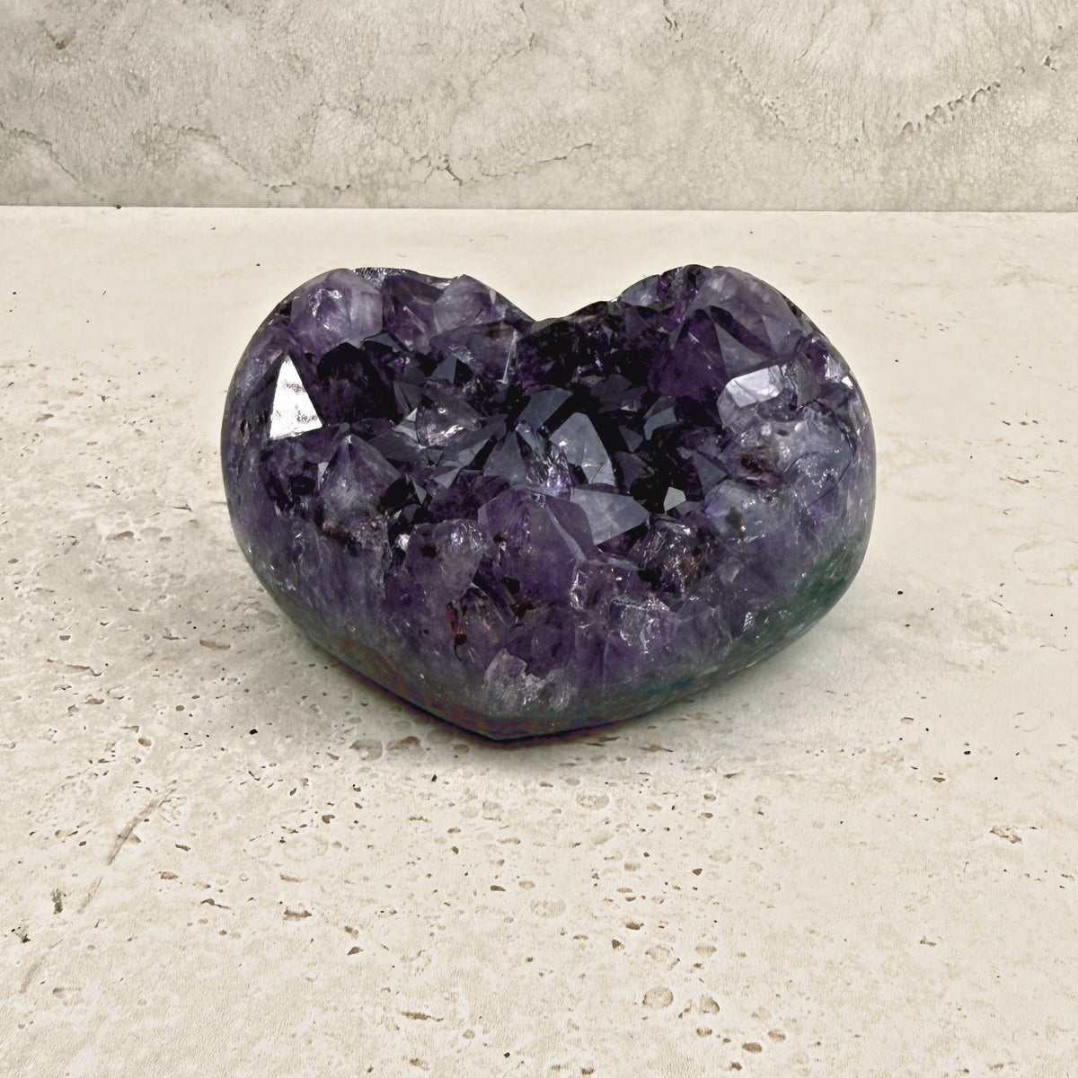 Amethyst crystal heart 9.5cm, large glossy crystals, front view — Eternal Spirit