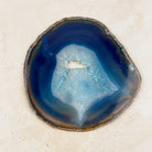 Dyed blue agate crystal slice 16.5cm, pale blue centre within dark blue bands, viewed from above — Eternal Spirit