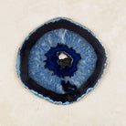 Dyed blue agate crystal slice 12cm, blue crystal centre with dark blue bands, viewed from above — Eternal Spirit