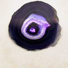 Dyed purple agate crystal slice 14.4cm, violet centre in deep purple rings, viewed from above — Eternal Spirit