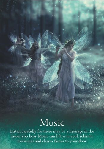 Oracle Of The Fairies deck, Music card with fairy playing violin amid glowing pink flowers — Eternal Spirit