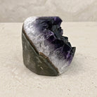 Base cut amethyst crystal 10cm, white crystal band beneath the purple, side view — Eternal Spirit
