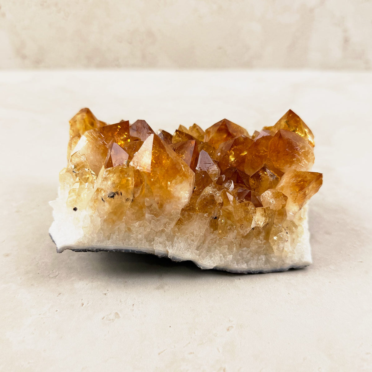 Heated citrine crystal cluster 11.5cm, a row of amber points rising from white quartz, side view — Eternal Spirit