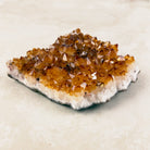 Heated citrine crystal cluster 14cm, low flat plate of amber points on a white base, side view — Eternal Spirit