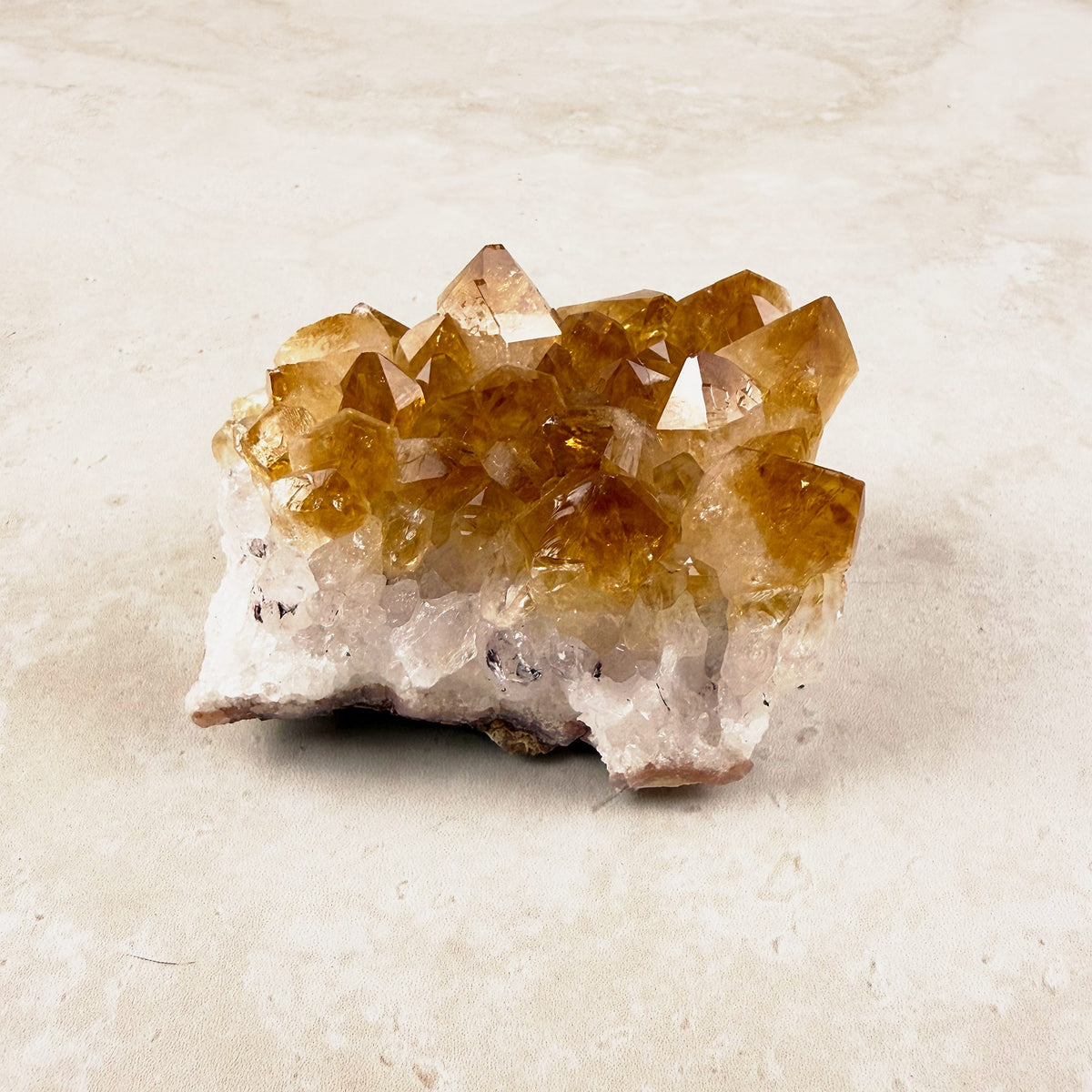 Heated citrine crystal cluster 8.5cm, golden points rising from a pale quartz base, low side view — Eternal Spirit