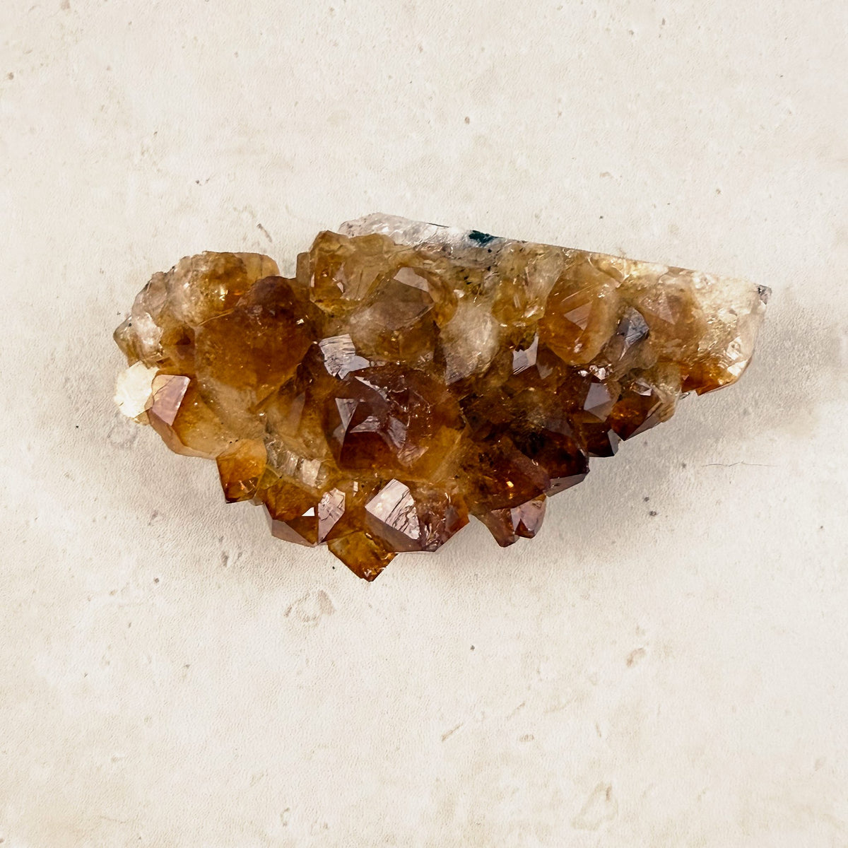 Heated citrine crystal cluster 8.5cm, long cluster of amber and honey points, viewed from above — Eternal Spirit