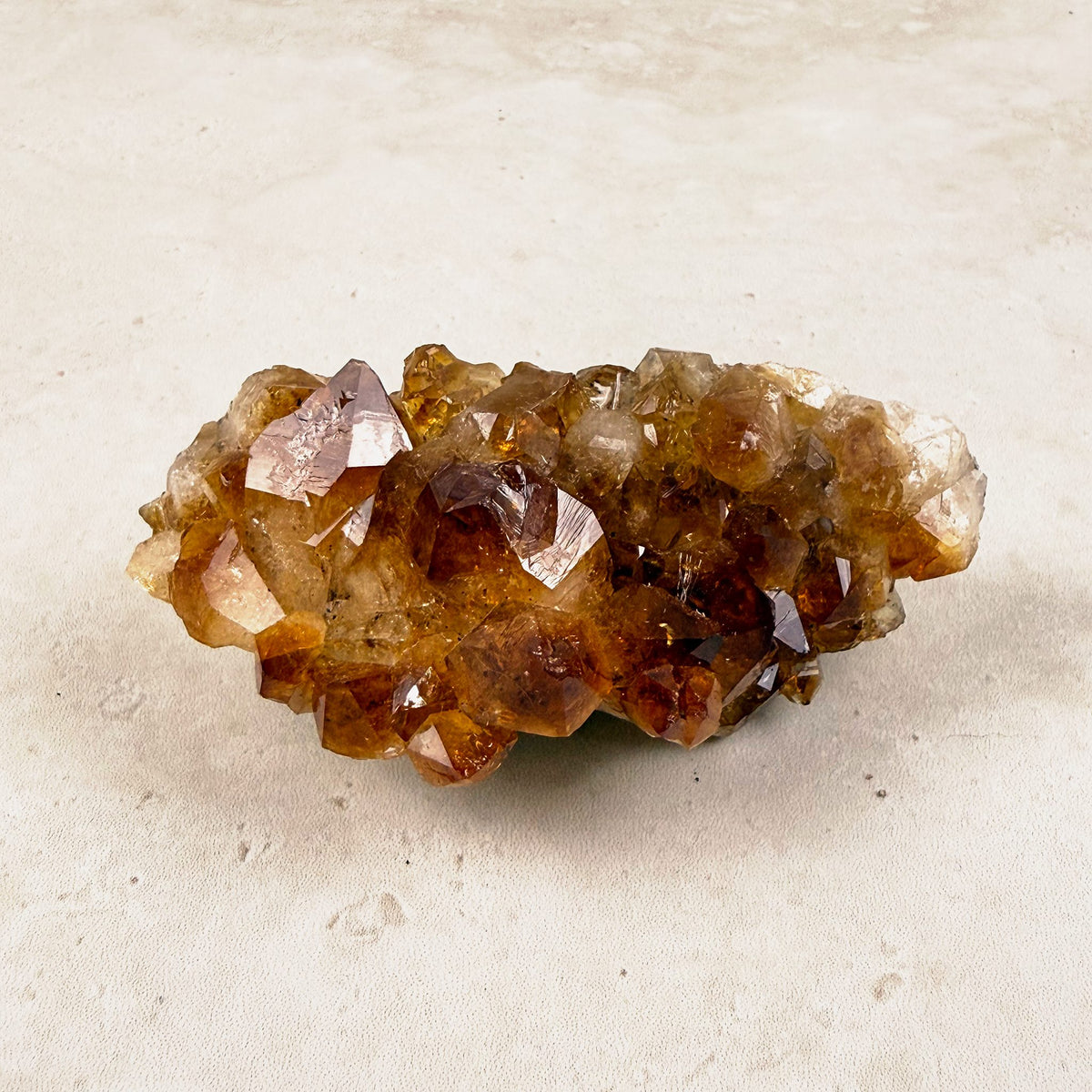 Heated citrine crystal cluster 8.5cm, long cluster of amber points, side view — Eternal Spirit