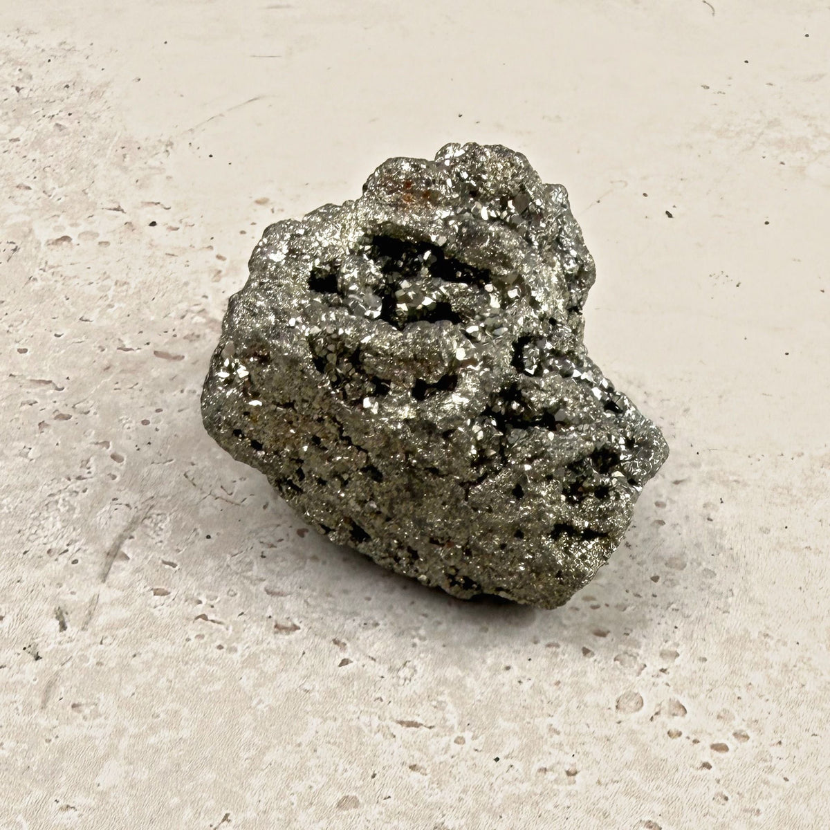 Pyrite crystal cluster 8cm, compact knobbly gold crystals, high angled view — Eternal Spirit