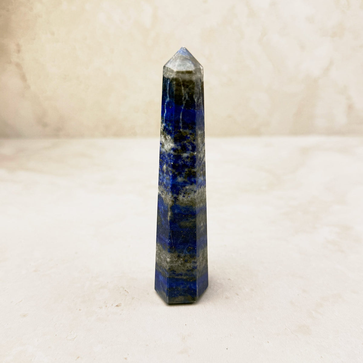 Lapis lazuli crystal obelisk 10.5cm, slim blue obelisk with white and grey bands, standing upright — Eternal Spirit