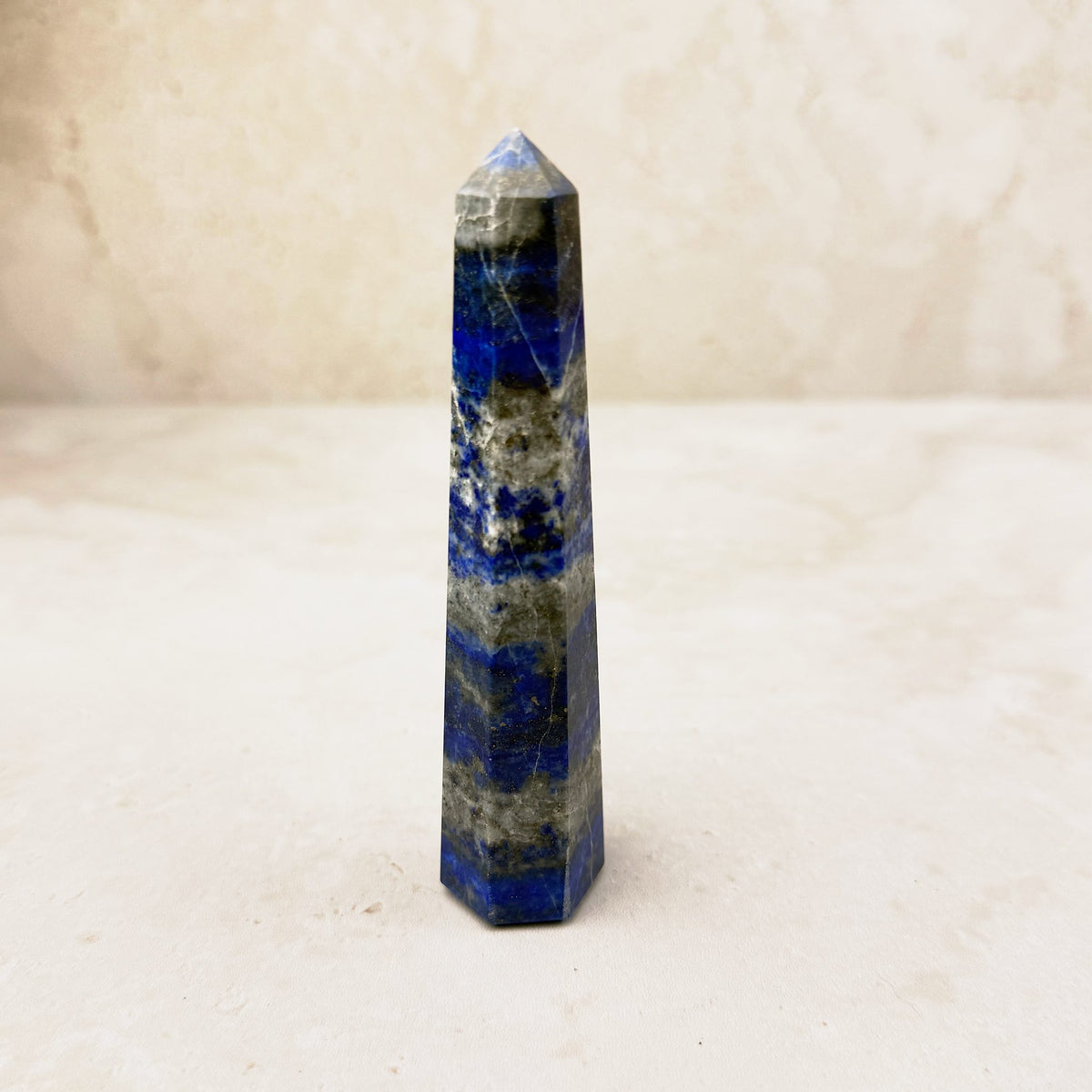 Lapis lazuli crystal obelisk 10.5cm, slim blue obelisk with gold flecks, other face — Eternal Spirit