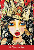 Love Your Inner Goddess Oracle deck, Good Witch card 13 with illustrated witch face in red tones — Eternal Spirit