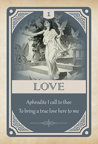 Magickal Spellcards Oracle deck, Love card with Aphrodite figure and ornate silver frame design — Eternal Spirit
