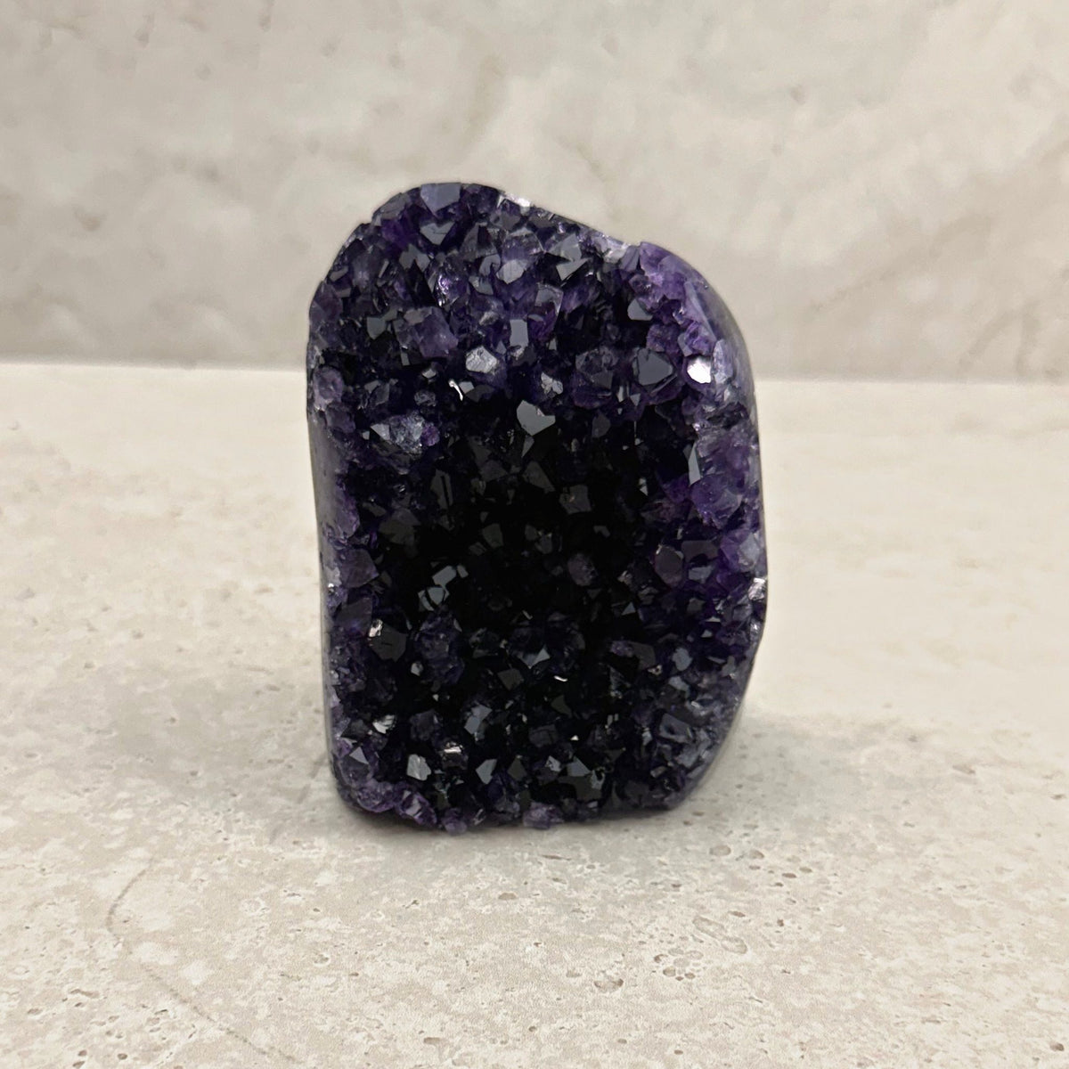 Base cut amethyst crystal 10cm, very dark purple crystals, front view — Eternal Spirit
