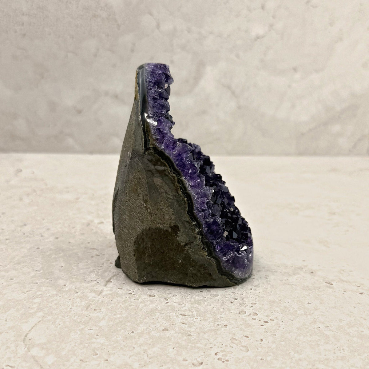 Base cut amethyst crystal 12cm, tall arch, angled side view — Eternal Spirit