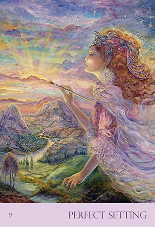 Nature's Whispers Oracle deck, Perfect Setting card showing tranquil lakeside scene with misty hills — Eternal Spirit