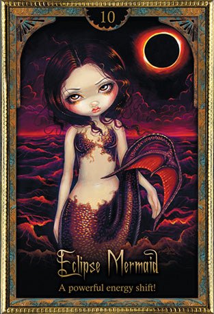 Oracle Of Shadows Light Oracle deck, Eclipse Mermaid card with dark-haired girl under blood-red eclipse — Eternal Spirit