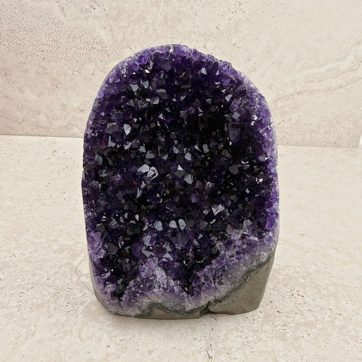 Base cut amethyst crystal 15cm, rounded top of deep purple crystals, front view — Eternal Spirit