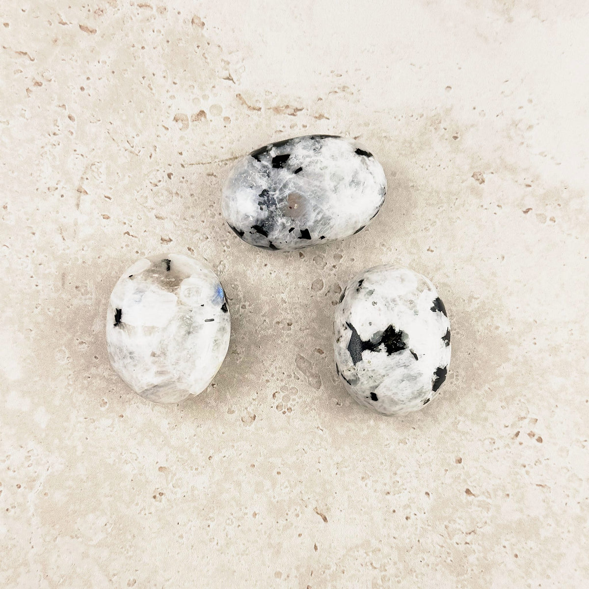 Rainbow moonstone crystal palm stones 4.5cm, three polished white stones with black flecks, from above — Eternal Spirit