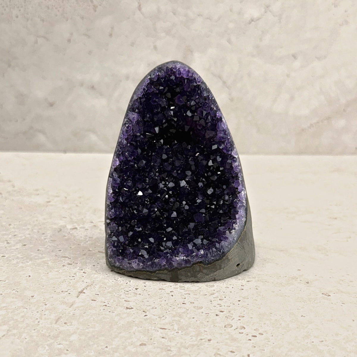 Base cut amethyst crystal 10.5cm, egg shape with sparkling purple crystals, front view — Eternal Spirit
