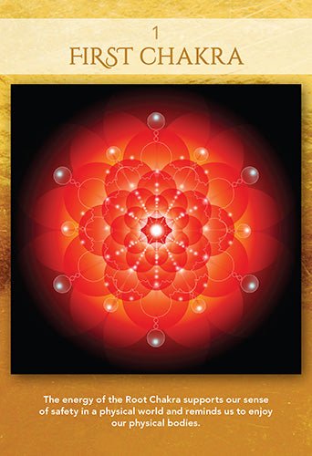 Sacred Geometry Of Relationships Oracle deck, First Chakra card with red geometric design and root — Eternal Spirit