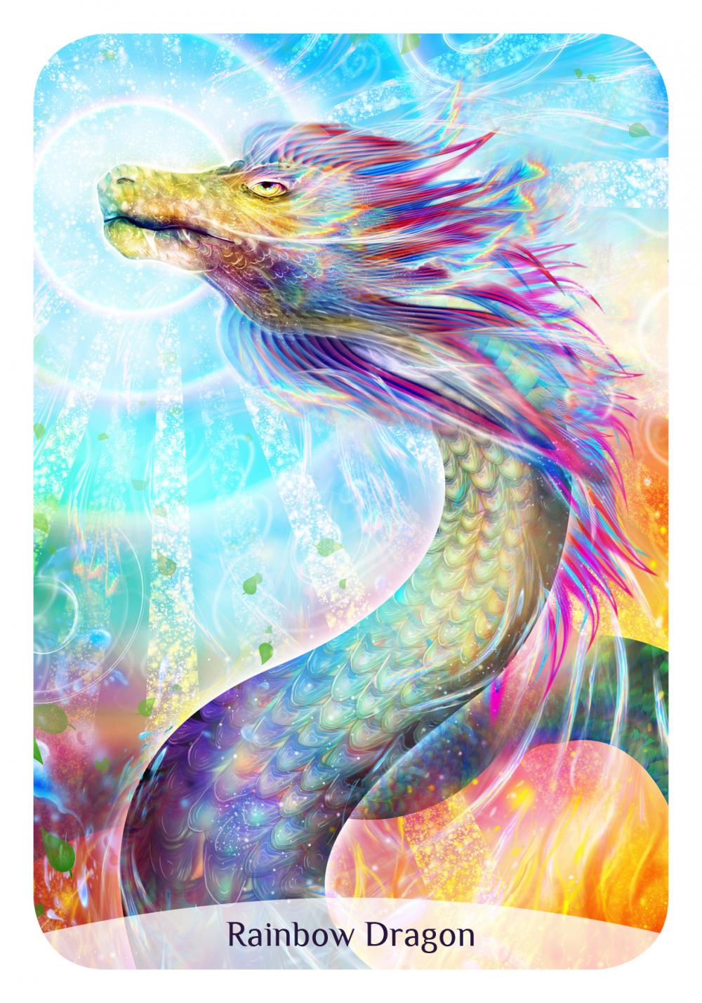 Sacred Power Reading Cards, Rainbow Dragon card with blue serpentine dragon and mystical energy — Eternal Spirit
