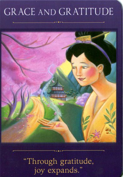Sacred Traveler Oracle Cards, Grace and Gratitude card with soft watercolour flowers and script — Eternal Spirit