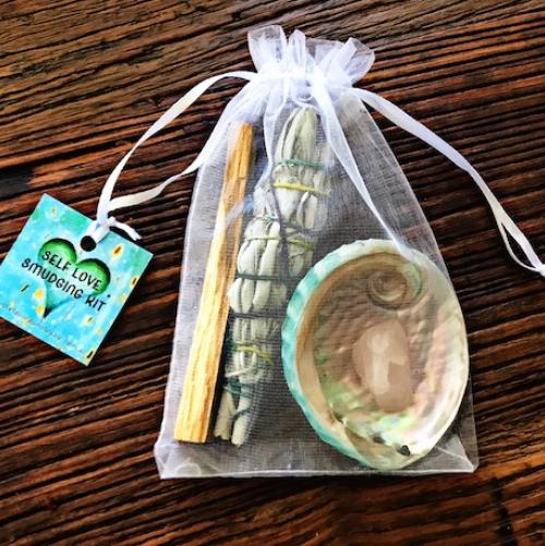 self love smudging kit, styled arrangement with crystals and natural elements — Eternal Spirit