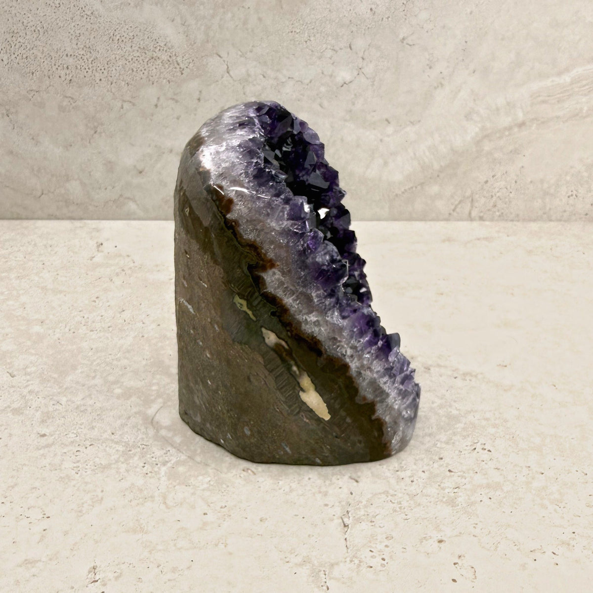 Base cut amethyst crystal 13.5cm, white crystal edge along the grey shell, side view — Eternal Spirit