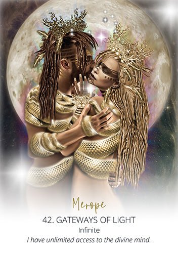 Star Temple Oracle deck, Merope Gateways of Light card with celestial goddess and golden crown — Eternal Spirit