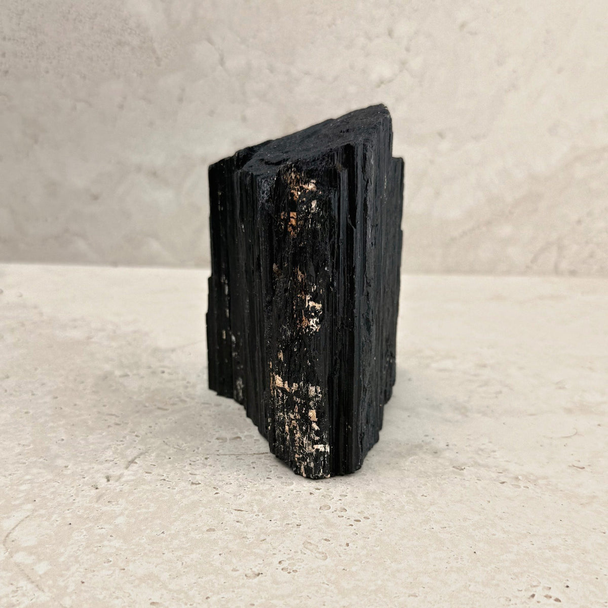 Rough black tourmaline crystal 11.5cm, stout square column, side view — Eternal Spirit