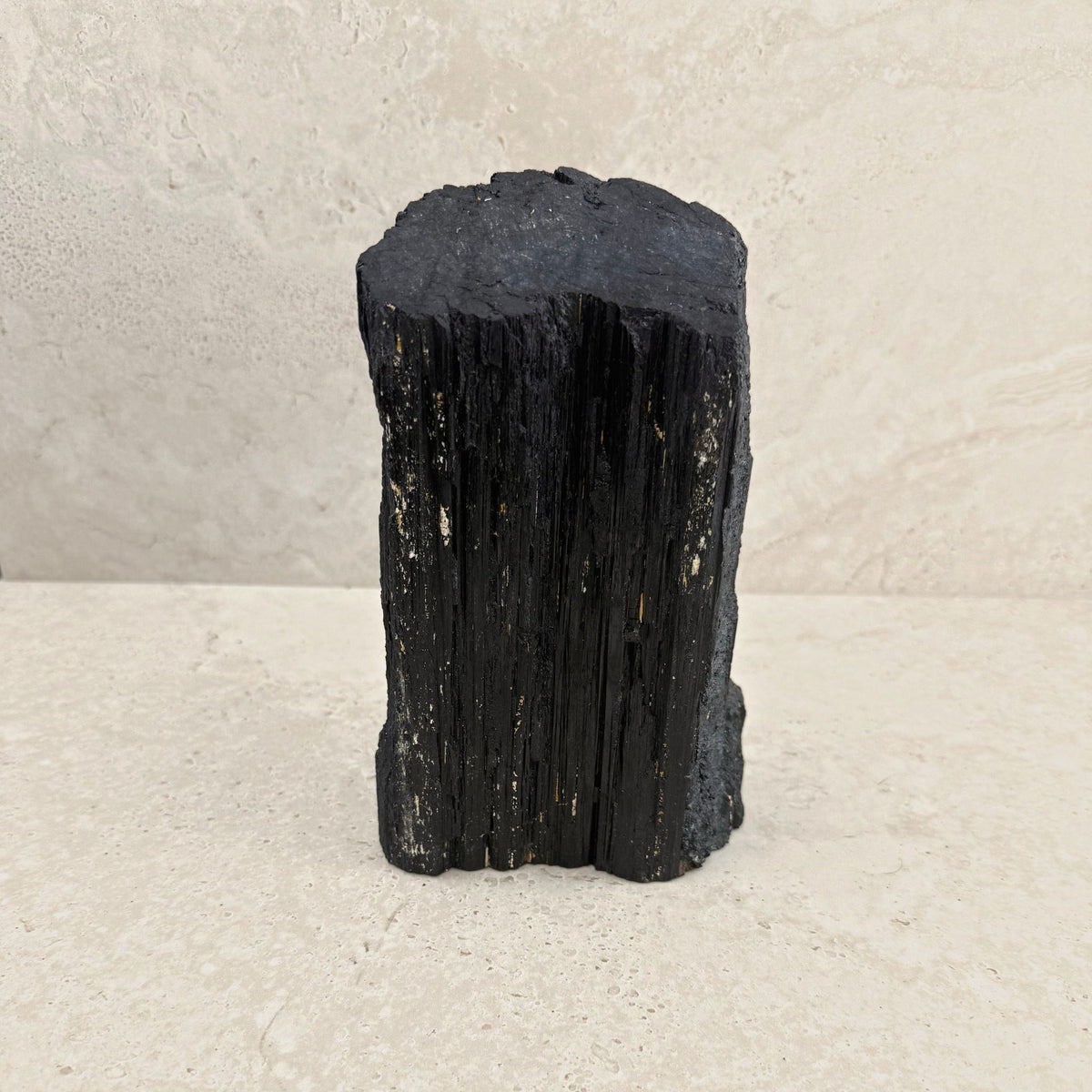 Rough black tourmaline crystal 20cm, tall striated column, front view — Eternal Spirit