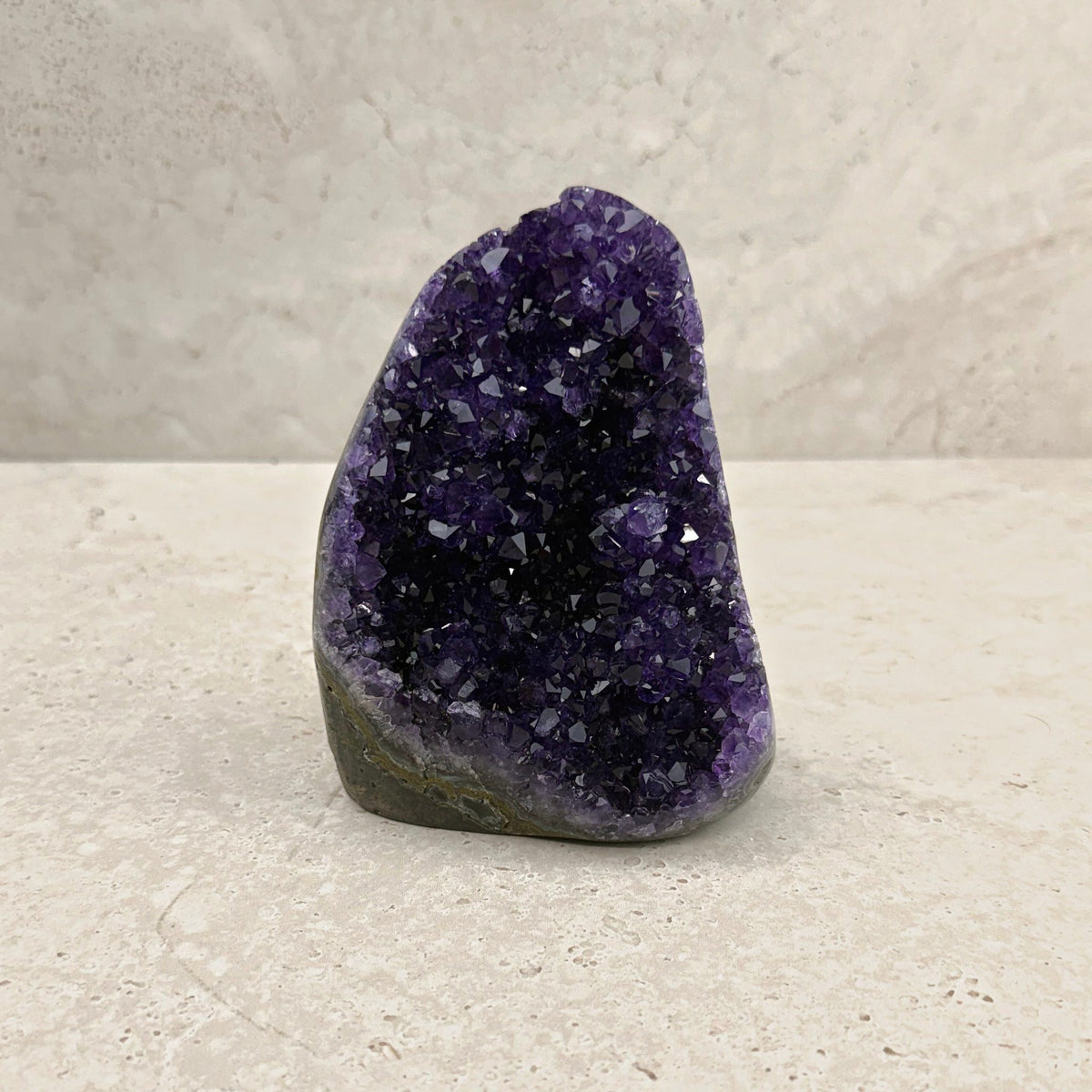 Base cut amethyst crystal 13cm, teardrop shape with sparkling purple crystals, front view — Eternal Spirit