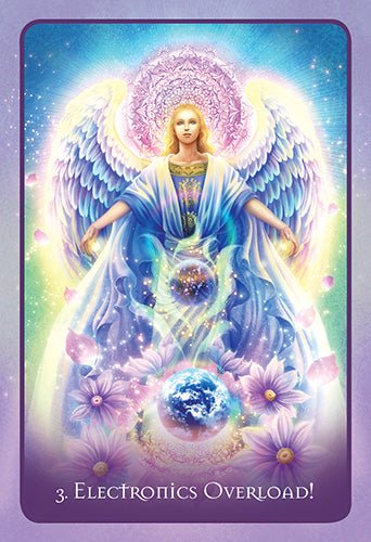 Teenangel Oracle deck, Electronics Overload card with teen surrounded by glowing devices — Eternal Spirit