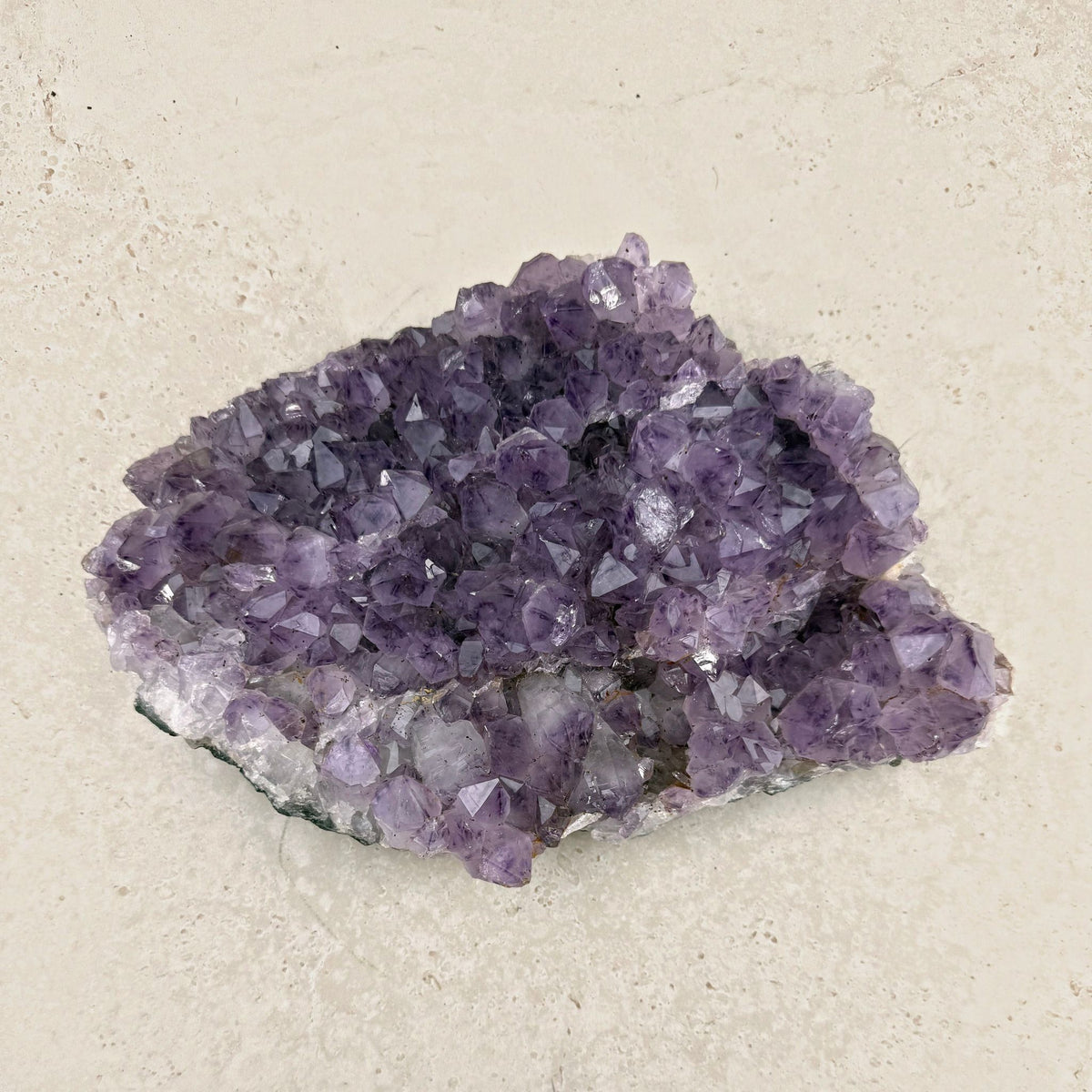 Amethyst crystal cluster 29cm, lavender points, high angled view — Eternal Spirit