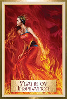 Wisdom Of The Golden Path Oracle deck, Flame of Inspiration card with golden woman and radiant fire energy — Eternal Spirit