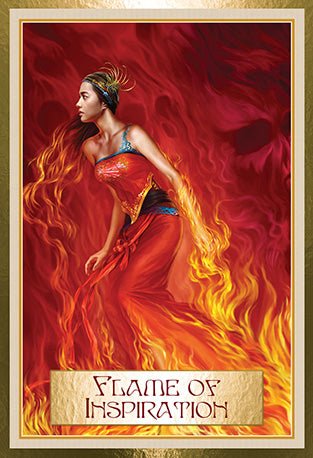 Wisdom Of The Golden Path Oracle deck, Flame of Inspiration card with golden woman and radiant fire energy — Eternal Spirit